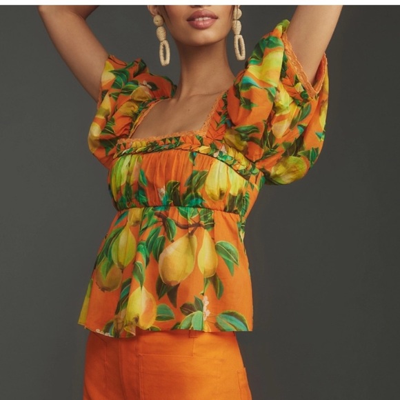 FarmRio Orange Pear Print Puff Sleeve Top NWOT - Picture 1 of 6